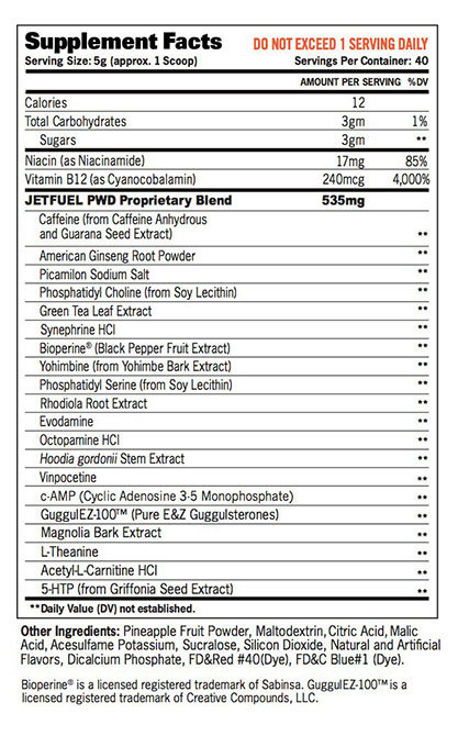 GAT Jet Fuel Powder Supplement Facts