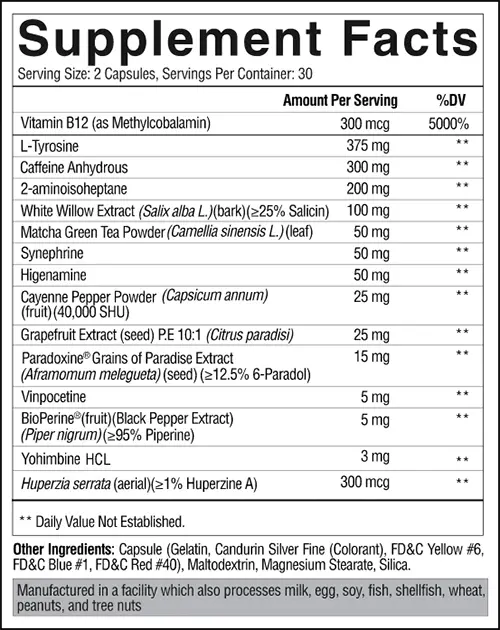 Arsynist Fat Burner Supplement Facts Image