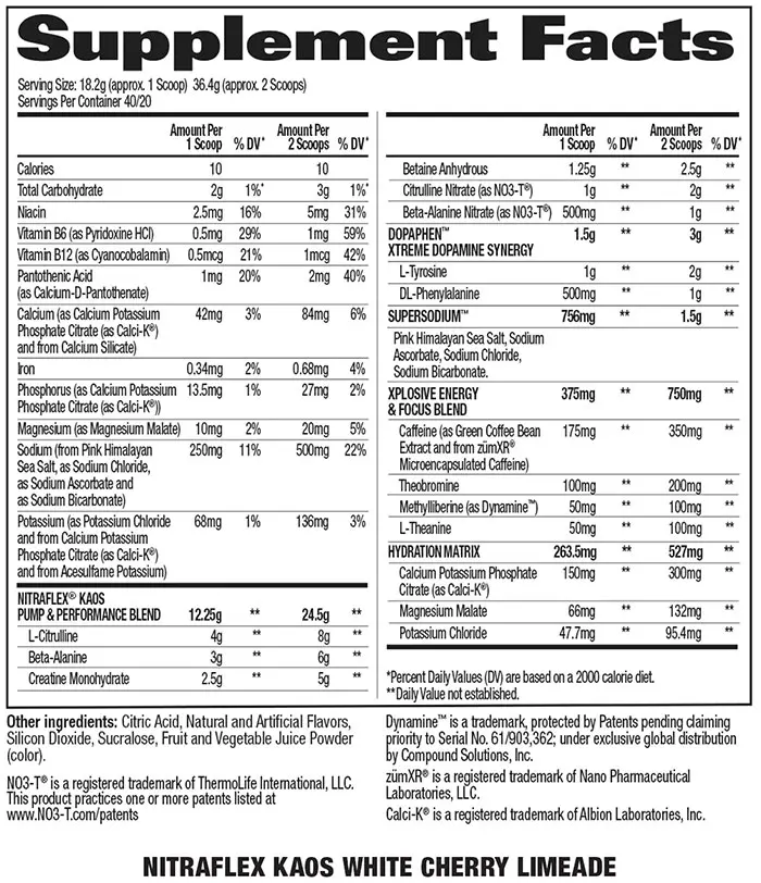 Nitraflex Kaos Supplement Facts Image