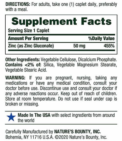 Nature's Bounty Zinc Supplement Facts