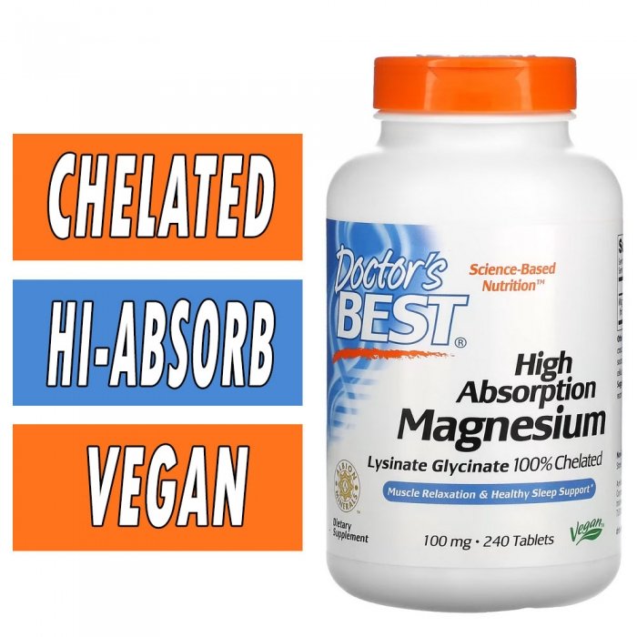 Doctor's Best High Absorption Magnesium - 100% Chelated - 100 mg - 240 Tablets Bottle Image