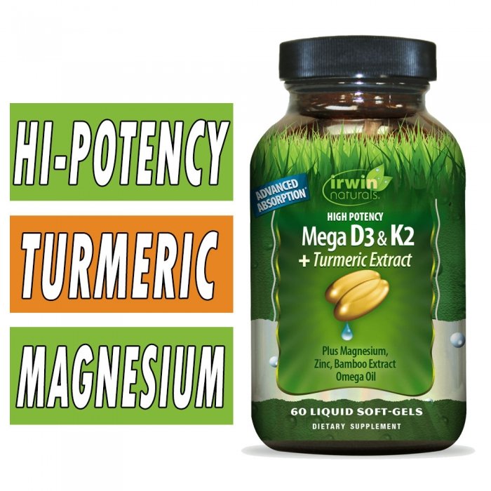 Irwin Naturals Mega D3 & K2 - High Potency - Turmeric Extract - 60 Liquid Softgels Bottle Image