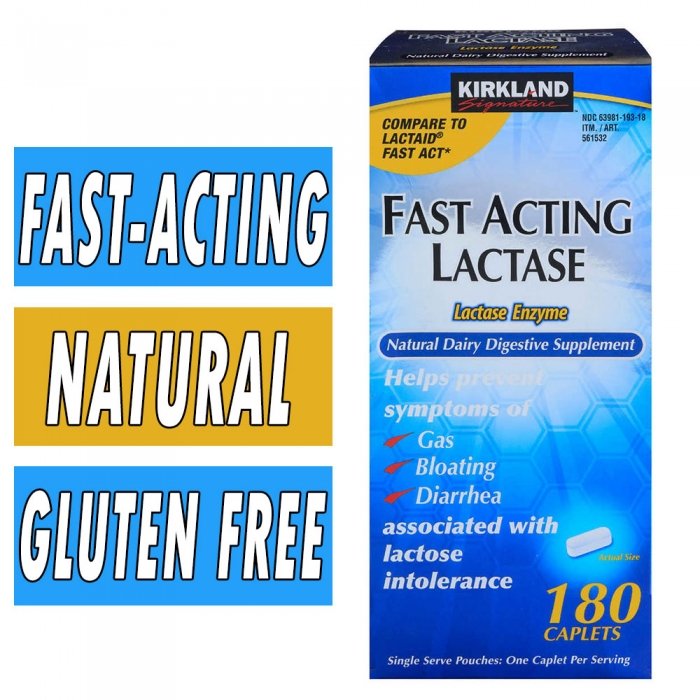 Kirkland Lactase - Fast Acting - 180 Caplets Bottle Image