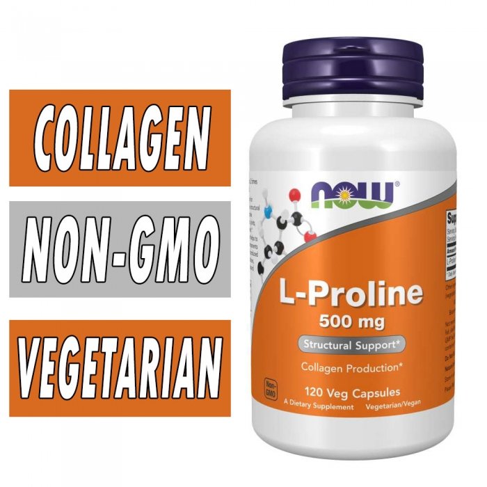 NOW L-Proline - 500 mg - 120 Veg Capsules Bottle Image