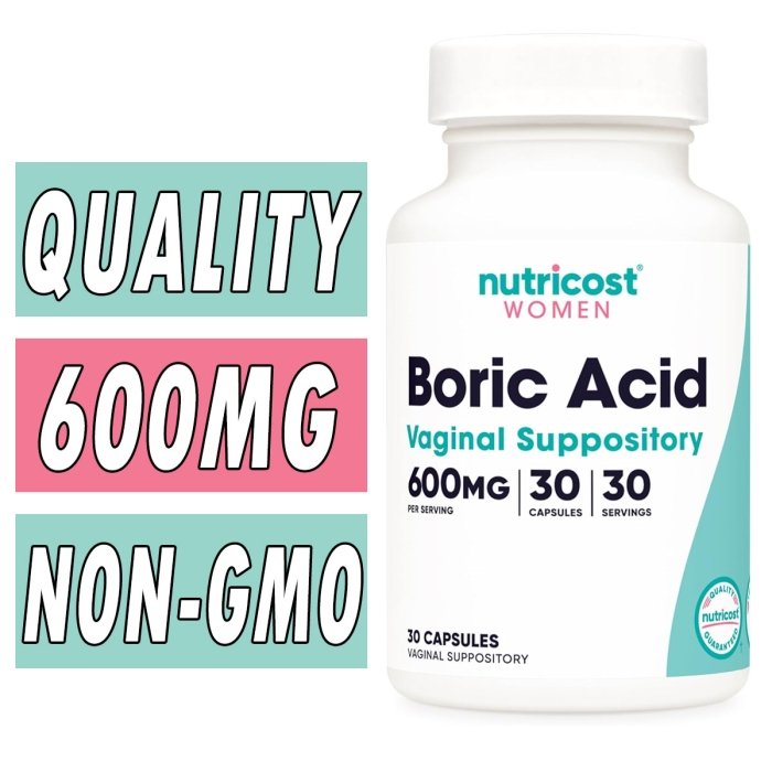 Nutricost Boric Acid - 600 mg - 30 Suppository Capsules Bottle Image