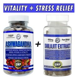 Hi-Tech Pharmaceuticals Vitality and Stress Relief Stack (Ashwagandha + Shilajit) Bottle Image